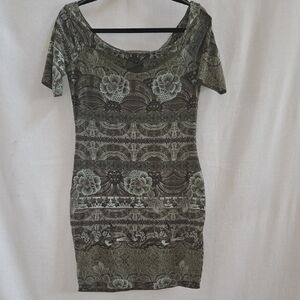 Guess Olive Green Printed Short Sleeve Mini Dress